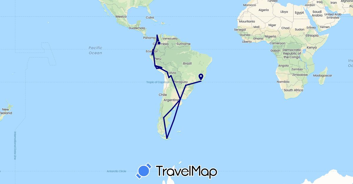 TravelMap itinerary: driving in Argentina, Bolivia, Brazil, Colombia, Ecuador, Peru (South America)